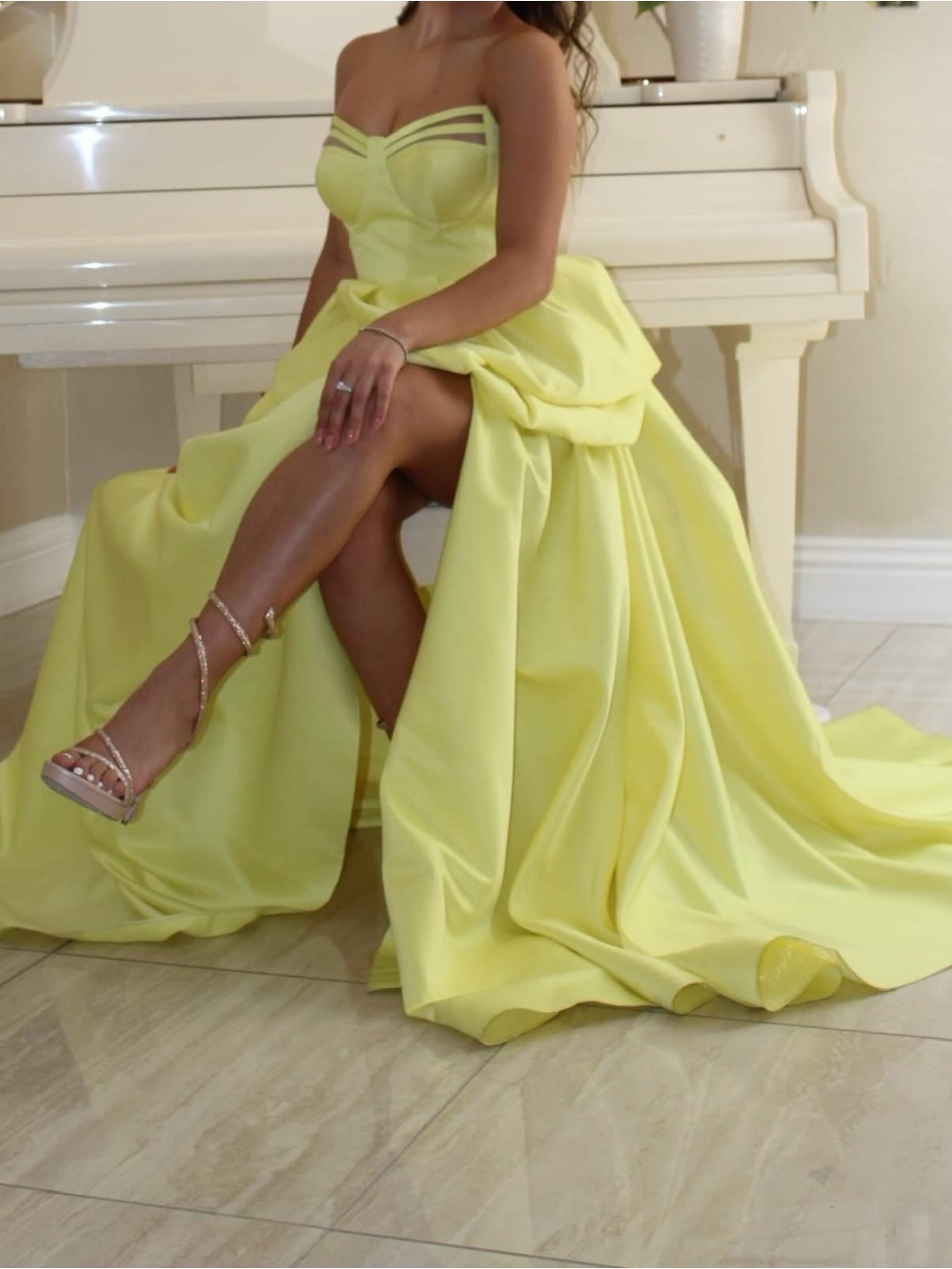 Strapless Lemon Yellow Evening Gown with Draped Skirt